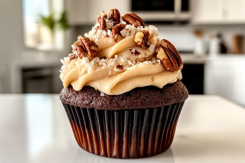 Delicious German chocolate cupcake with coconut pecan frosting.