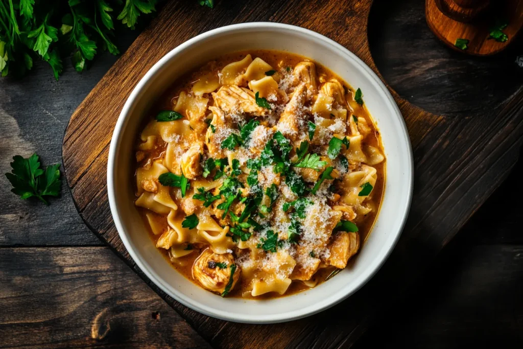 A steamy bowl of comforting vegan chicken noodle soup.