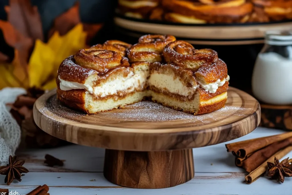 A delicious whole cinnamon roll cheesecake.